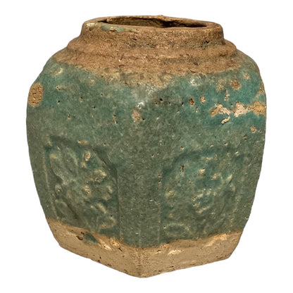 Qing Dynasty Ginger Pot Jar Vase Glazed Earthenware Green c1900 Floral Design Shiwan Meiji