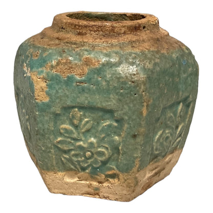 Qing Dynasty Ginger Pot Jar Vase Glazed Earthenware Green c1900 Floral Design Shiwan Meiji