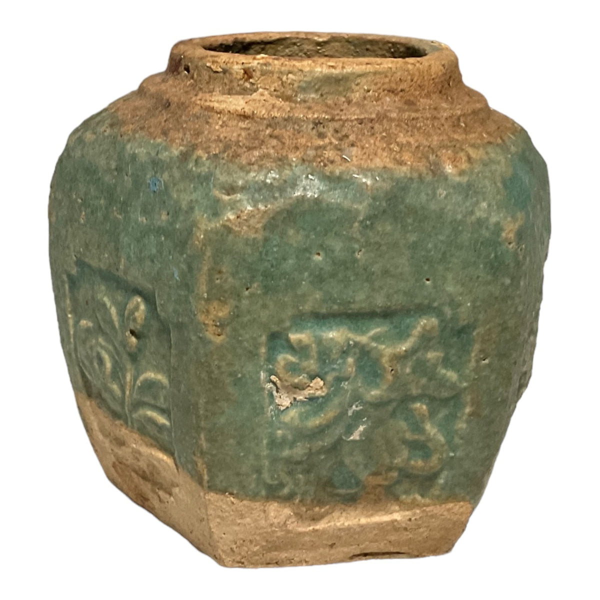 Qing Dynasty Ginger Pot Jar Vase Glazed Earthenware Green c1900 Floral Design Shiwan Meiji