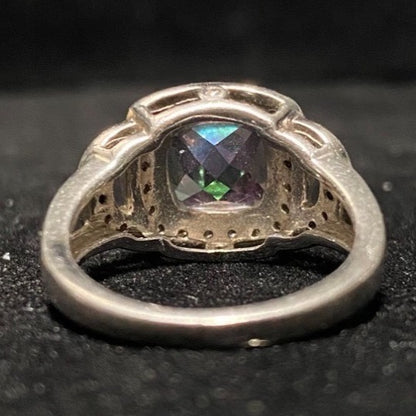 Ring Size 6 Mystic Topaz 5 Carats 10mm x 10mm 30 CZ 1mm x 1mm Sterling Silver Stamped 925 Vintage Jewelry