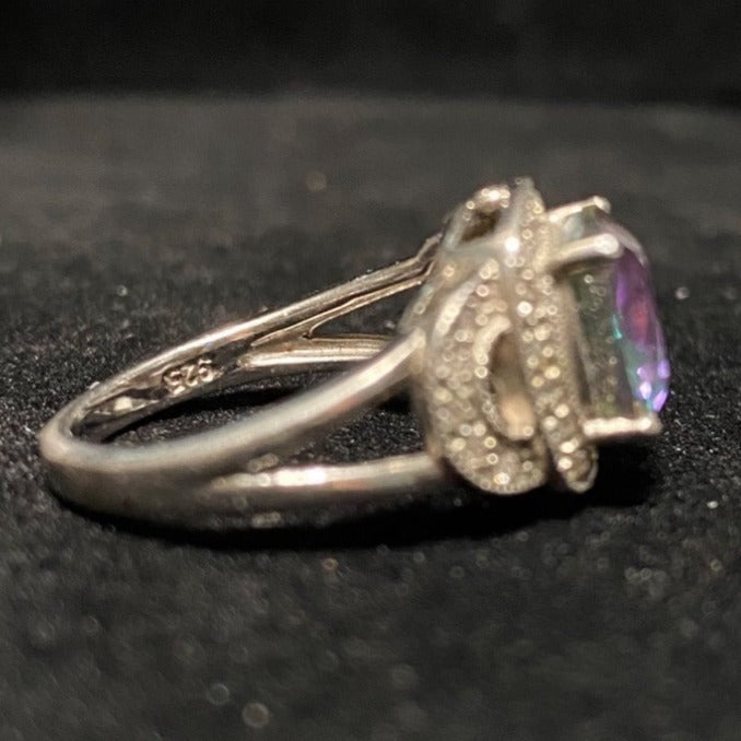 Ring Size 6 Mystic Topaz 5 Carats 10mm x 10mm 30 CZ 1mm x 1mm Sterling Silver Stamped 925 Vintage Jewelry