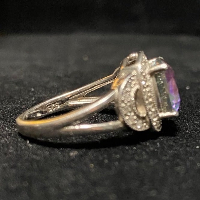 Ring Size 6 Mystic Topaz 5 Carats 10mm x 10mm 30 CZ 1mm x 1mm Sterling Silver Stamped 925 Vintage Jewelry