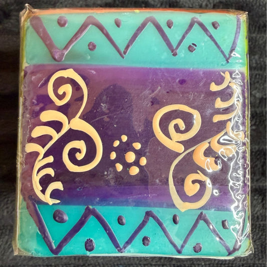 Hand-Painted Nobunto Matuko Fair Trade Candle Trio From South Africa 2.25" Vibrant Teal & Purple Geometric Design