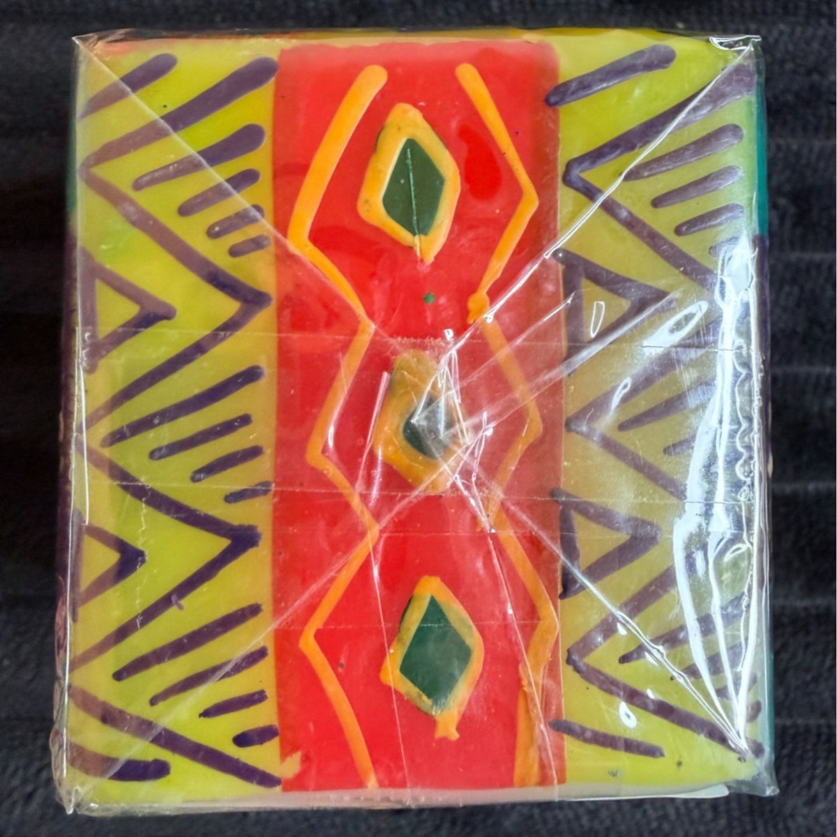 Hand-Painted Nobunto Matuko Fair Trade Candle Trio From South Africa 2.25" Vibrant Teal & Purple Geometric Design