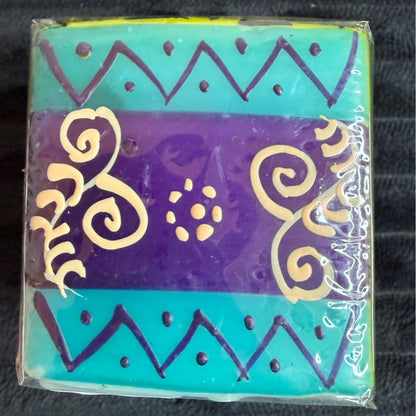 Hand-Painted Nobunto Matuko Fair Trade Candle Trio From South Africa 2.25" Vibrant Teal & Purple Geometric Design