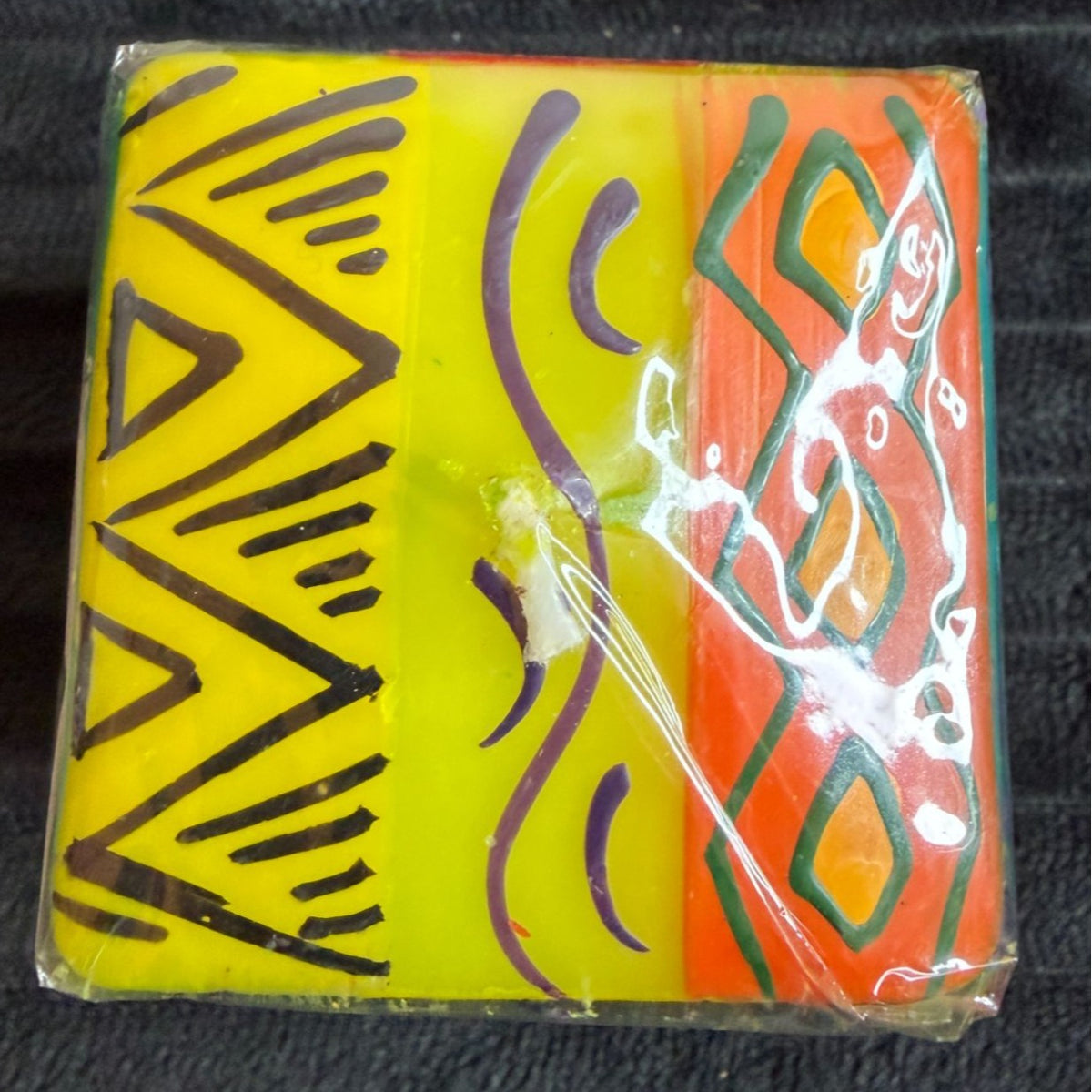 Hand-Painted Nobunto Matuko Fair Trade Candle Trio From South Africa 2.25" Vibrant Teal & Purple Geometric Design
