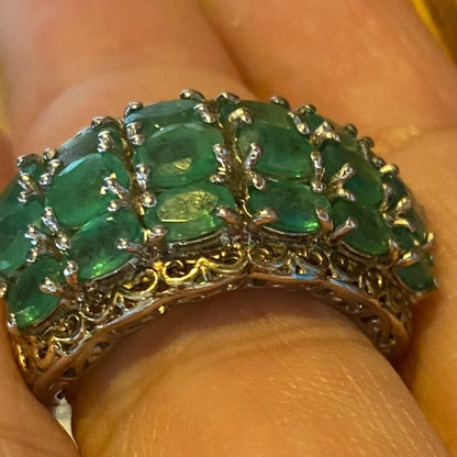 Ring Emerald Size 8 18 Stones 9.366 Carats Sterling Silver 925 Gold Accent