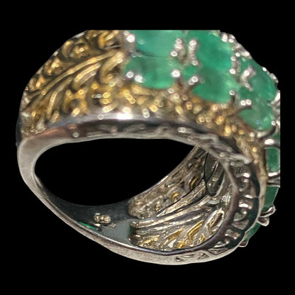 Ring Emerald Size 8 18 Stones 9.366 Carats Sterling Silver 925 Gold Accent