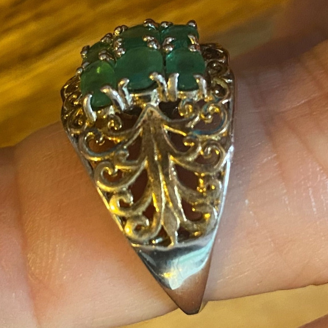 Ring Emerald Size 8 18 Stones 9.366 Carats Sterling Silver 925 Gold Accent