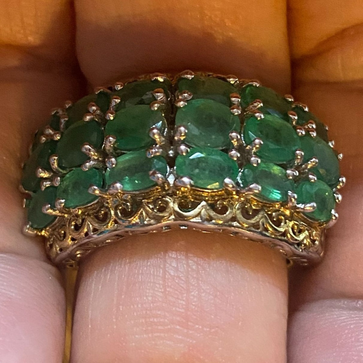 Ring Emerald Size 8 18 Stones 9.366 Carats Sterling Silver 925 Gold Accent
