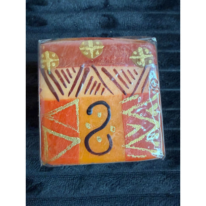 Handmade Fair-Trade Nobunto Bongazi 2.5" Square Candle African Design Red Orange Gold Unique