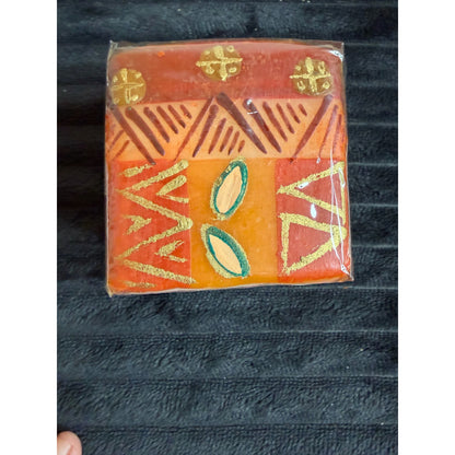 Handmade Fair-Trade Nobunto Bongazi 2.5" Square Candle African Design Red Orange Gold Unique