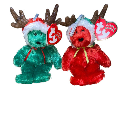 Ty Jingle Beanies 2002 Holiday Teddy Set With Antlers & Santa Hats
