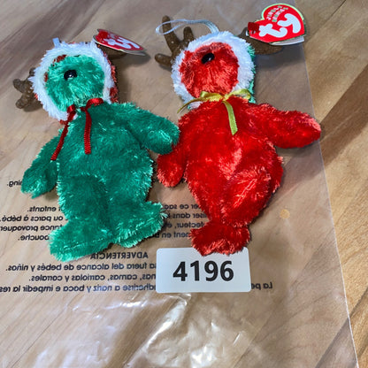 Ty Jingle Beanies 2002 Holiday Teddy Set With Antlers & Santa Hats