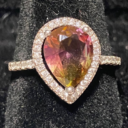 Ring Tourmaline Size 8 Pear-Shaped Tourmaline Stone 10mm x 8mm 38 CZ Cubic Zirconia 1mm x 1mm Sterling Silver Stamped 925