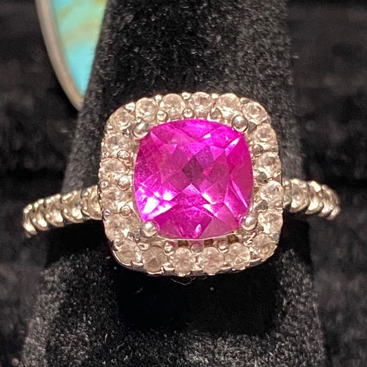 Ring Pink Sapphire Size 7 7mm x 7mm White Sapphire 1mm x 1mm Sterling Silver Stamped 925 Vintage J