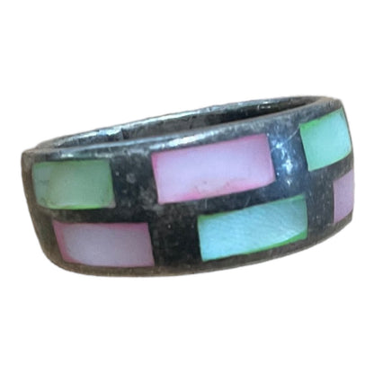 Ring Size 8.5 Mother of Pearl Inlay Sterling Silver 925 Pink Green Vintage