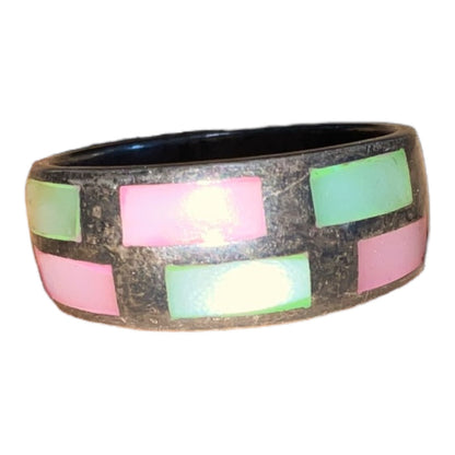 Ring Size 8.5 Mother of Pearl Inlay Sterling Silver 925 Pink Green Vintage