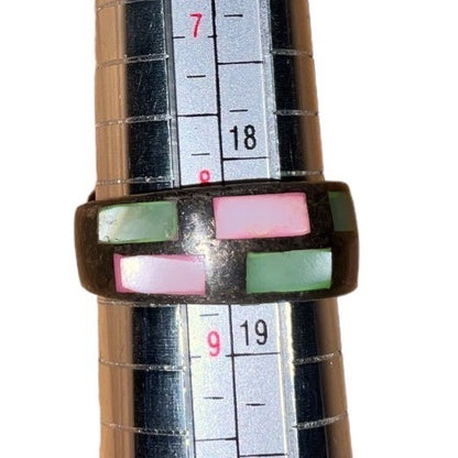 Ring Size 8.5 Mother of Pearl Inlay Sterling Silver 925 Pink Green Vintage