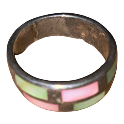 Ring Size 8.5 Mother of Pearl Inlay Sterling Silver 925 Pink Green Vintage