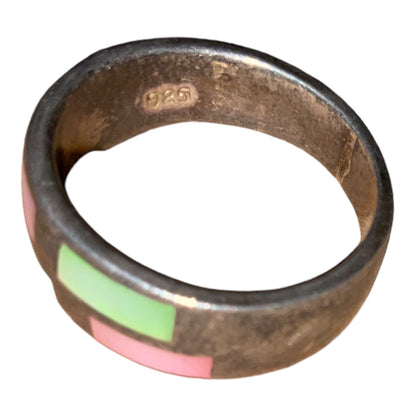 Ring Size 8.5 Mother of Pearl Inlay Sterling Silver 925 Pink Green Vintage
