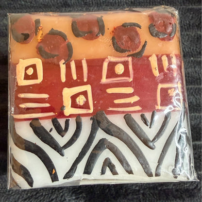 Handmade Fair-Trade Nobunto Uzima Decorative Candle South Africa Intricate African-Inspired Design Multicolor Square Block Paraffin Wax 2.5"