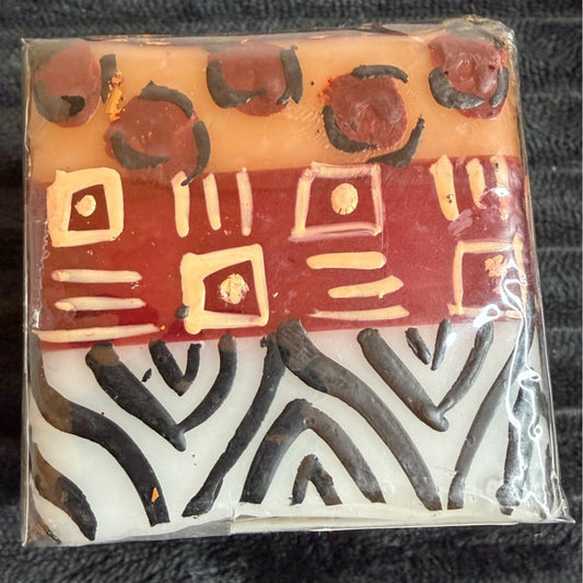Handmade Fair-Trade Nobunto Uzima Decorative Candle South Africa Intricate African-Inspired Design Multicolor Square Block Paraffin Wax 2.5"