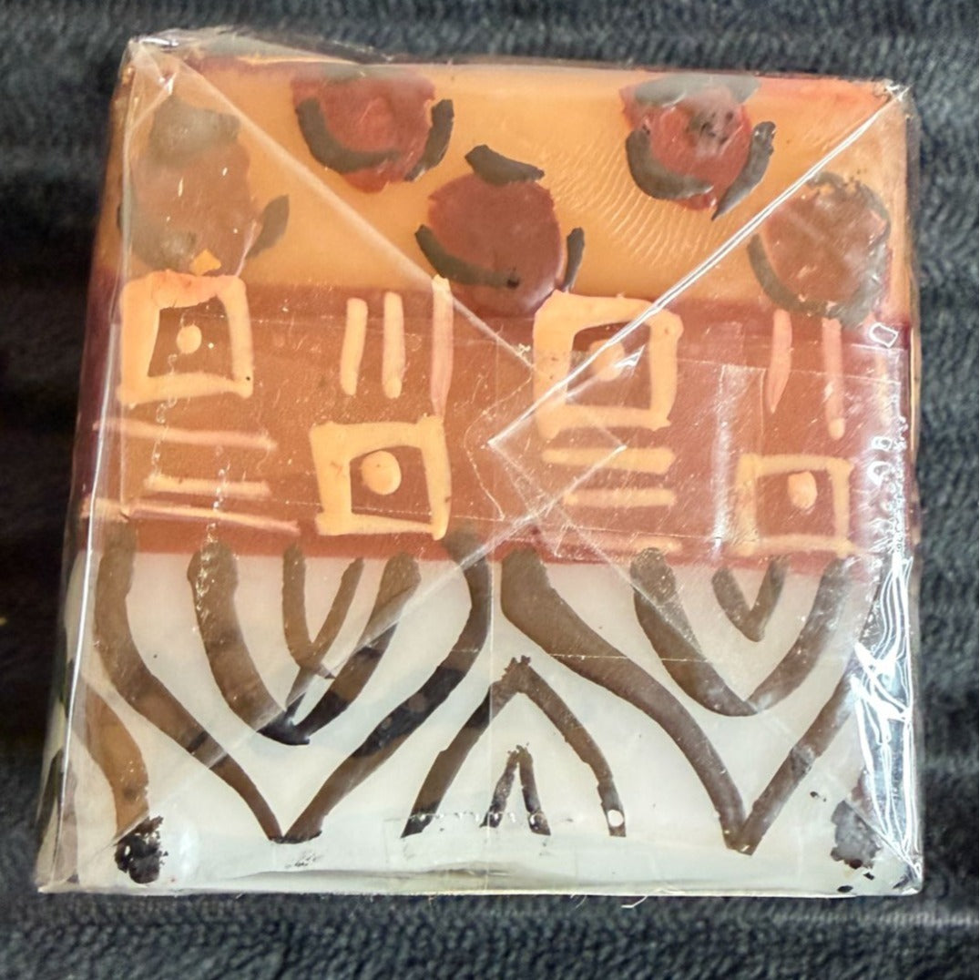Handmade Fair-Trade Nobunto Uzima Decorative Candle South Africa Intricate African-Inspired Design Multicolor Square Block Paraffin Wax 2.5"