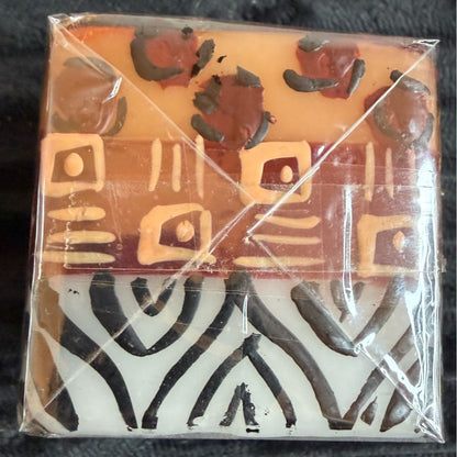 Handmade Fair-Trade Nobunto Uzima Decorative Candle South Africa Intricate African-Inspired Design Multicolor Square Block Paraffin Wax 2.5"
