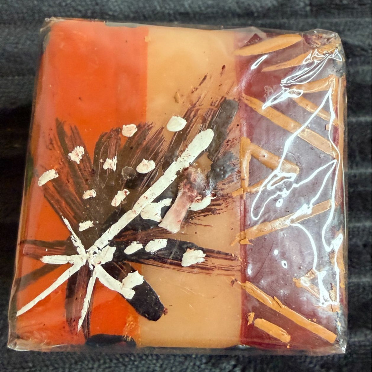 Handmade Fair-Trade Nobunto Uzima Decorative Candle South Africa Intricate African-Inspired Design Multicolor Square Block Paraffin Wax 2.5"