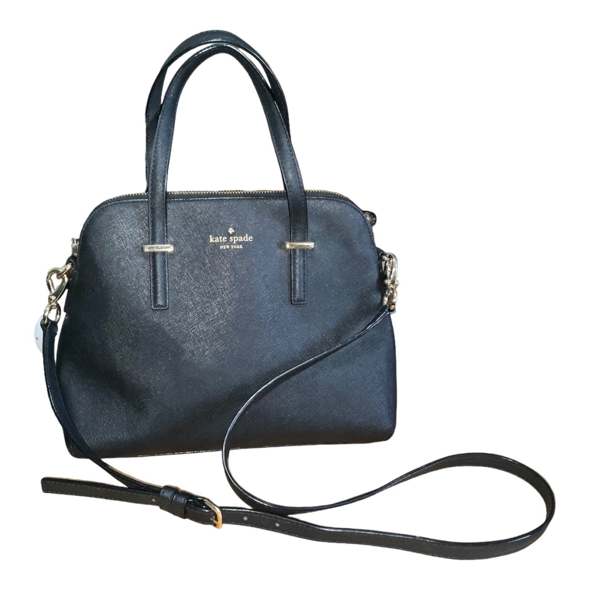 Kate Spade New York Black Leather Satchel Bag With Polka Dot Lining & Adjustable Strap