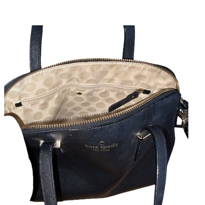 Kate Spade New York Black Leather Satchel Bag With Polka Dot Lining & Adjustable Strap