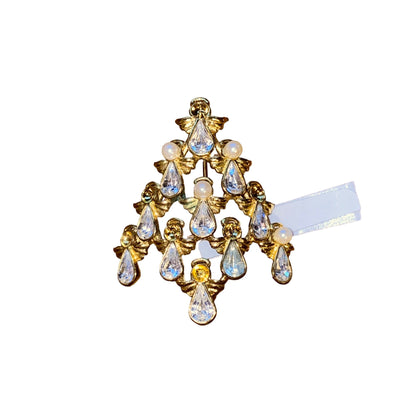 Vintage Gold Tone Angel Christmas Tree Brooch W/ Crystal & Pearl Details