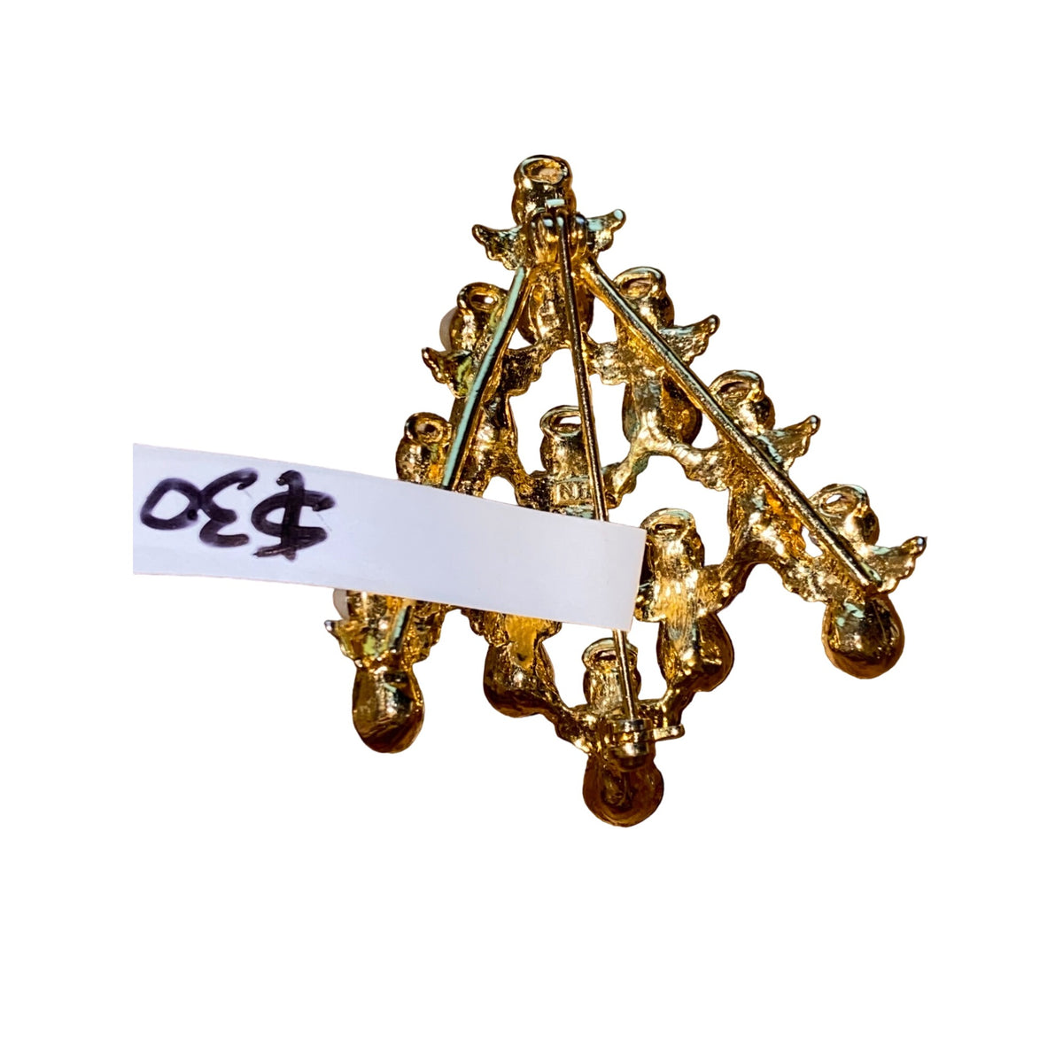 Vintage Gold Tone Angel Christmas Tree Brooch W/ Crystal & Pearl Details