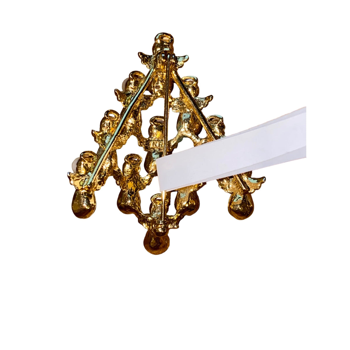 Vintage Gold Tone Angel Christmas Tree Brooch W/ Crystal & Pearl Details