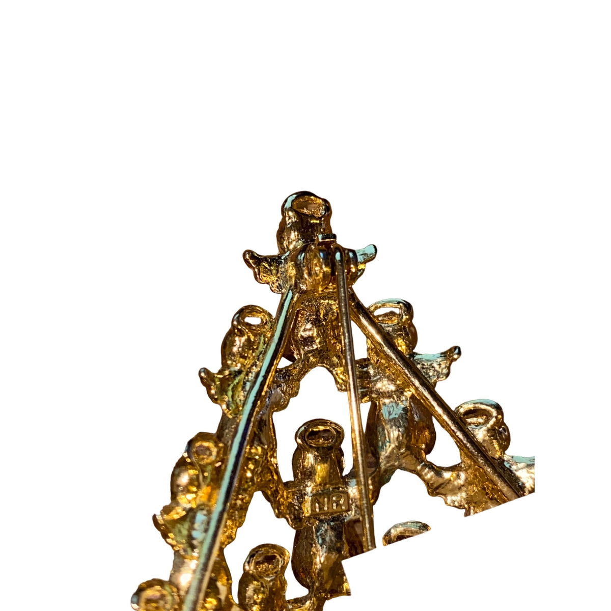 Vintage Gold Tone Angel Christmas Tree Brooch W/ Crystal & Pearl Details