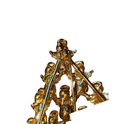 Vintage Gold Tone Angel Christmas Tree Brooch W/ Crystal & Pearl Details