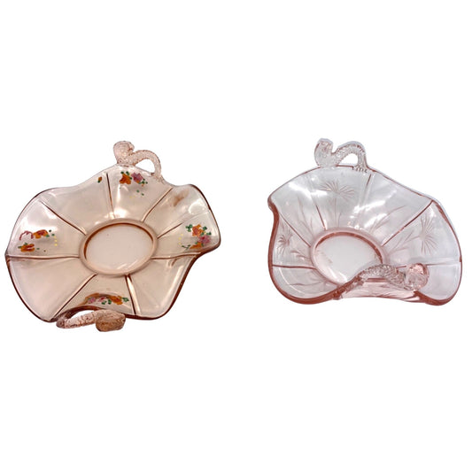 Vintage Fenton Pink Glass Candy Dishes With Dolphin Handles - Hand-Painted & Etched Designs - 1930s Collectible Home Decor