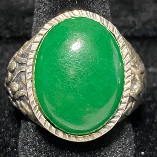 Ring Jade Size 8 Vintage Relief Design Jewelry Sterling Silver Tested