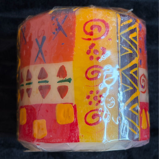 Nobunto Hand-Painted 3" Pillar Candle Indabuko Vibrant Fair-Trade Artisan Crafted South Africa Unique Decor Red Yellow Orange Multicolor