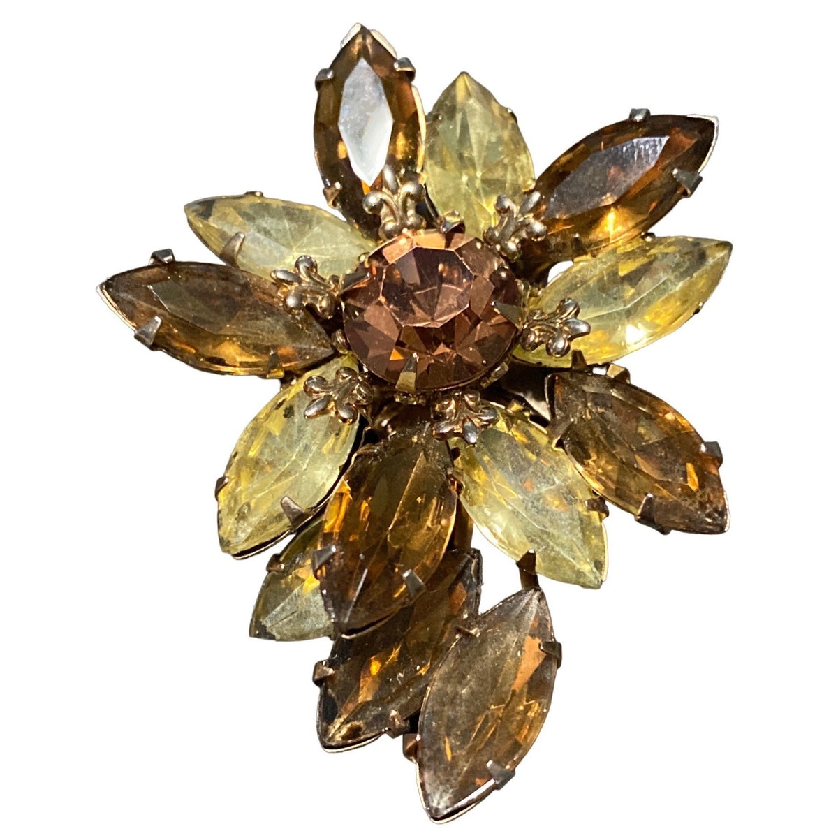 Brooch Floral Women Vintage Glass Brown Tan Gold Jewelry Pin