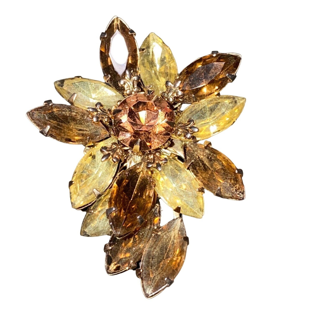 Brooch Floral Women Vintage Glass Brown Tan Gold Jewelry Pin
