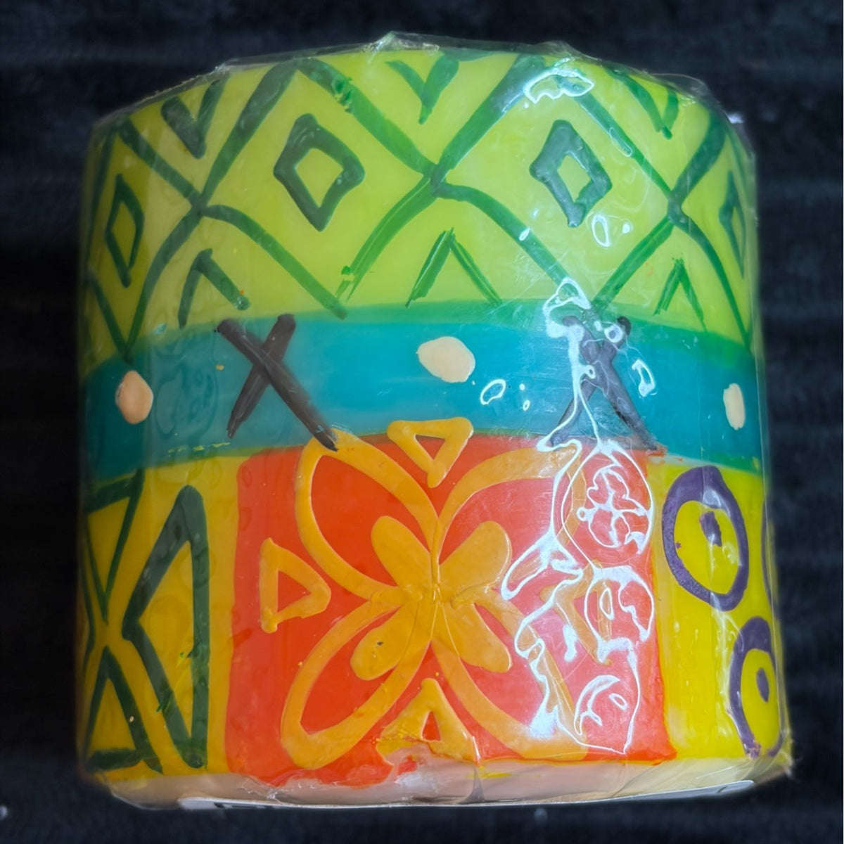 Vibrant Nobunto Matuko Handmade Fair-Trade South African Decorative Pillar Candle 3" Geometric & Floral Patterns In Red/Yellow/Green/Blue
