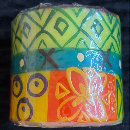 Vibrant Nobunto Matuko Handmade Fair-Trade South African Decorative Pillar Candle 3" Geometric & Floral Patterns In Red/Yellow/Green/Blue