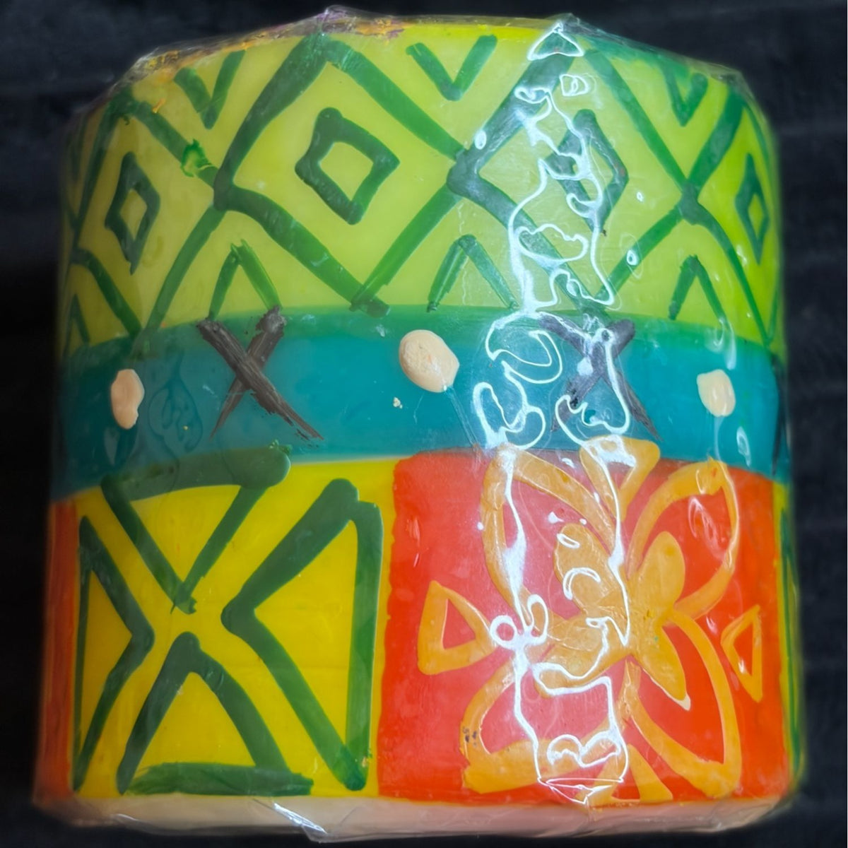 Vibrant Nobunto Matuko Handmade Fair-Trade South African Decorative Pillar Candle 3" Geometric & Floral Patterns In Red/Yellow/Green/Blue