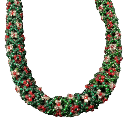16” Needleweaving Seed Bead Holiday-Themed Christmas Colors Vintage Gold-Tone Clasp Bead Caps Green Red White