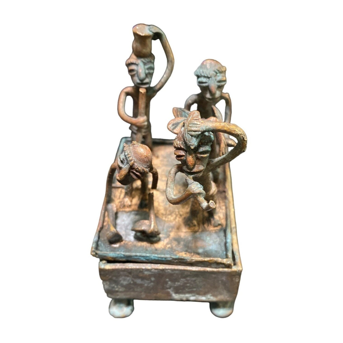 Handmade Bronze African Box-Style Statue With Musicians Cameroonian Art 4" X 2" X 5" Rustic Décor Piece