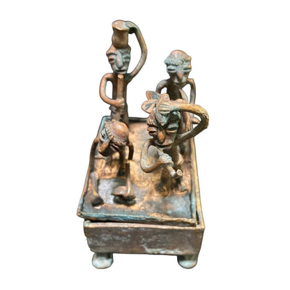 Handmade Bronze African Box-Style Statue With Musicians Cameroonian Art 4" X 2" X 5" Rustic Décor Piece