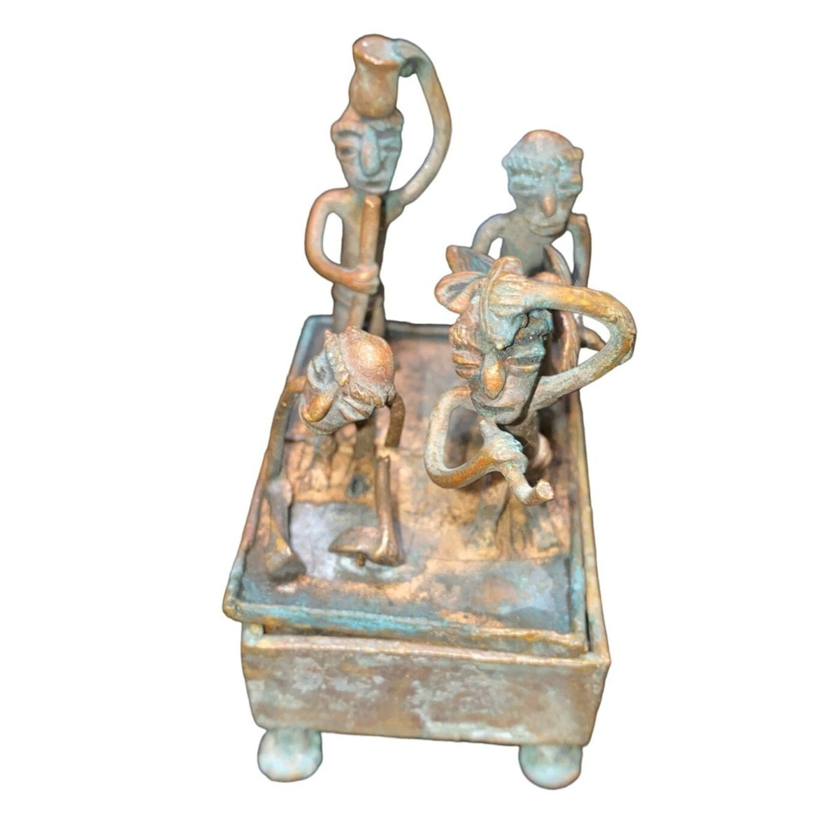 Handmade Bronze African Box-Style Statue With Musicians Cameroonian Art 4" X 2" X 5" Rustic Décor Piece