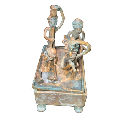 Handmade Bronze African Box-Style Statue With Musicians Cameroonian Art 4" X 2" X 5" Rustic Décor Piece